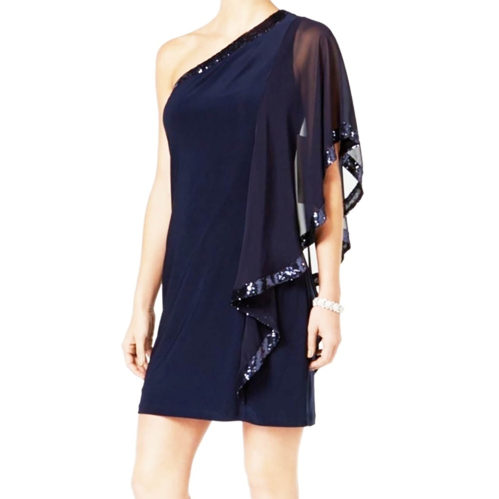 Betsy & Adam Navy Sequin-Trim One Shoulder Dress 4